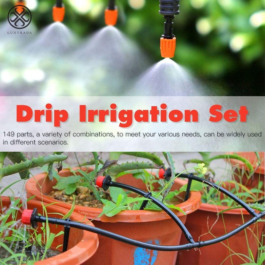 Luxtrada 100FT Garden Automatic Drip Irrigation Set,30m Adjustable Micro DIY Irrigation Kit Plant Water Saving System,1/4" Heavy Duty Tube Watering Kit for Patio Lawn Garden Greenhouse Flower Bed