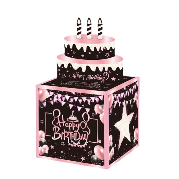 Happy Birthday Black & Pink Star Money Pull Box, Birthday Party Decoration Surprise Cash Gift Box, DIY Money Pulling Gift Box for Kids & Adults, Festive Birthday Party Supplies