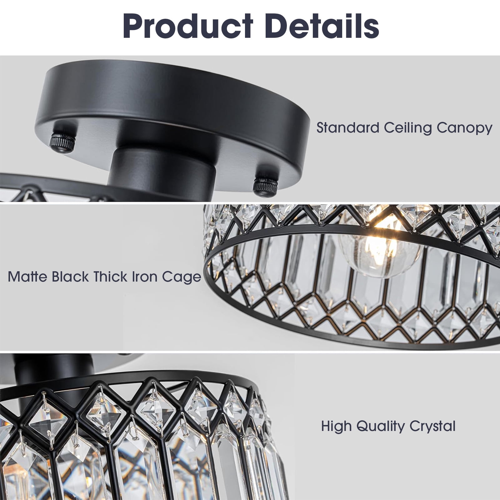Laybasic Crystal Ceiling Light Fixture, 9" Black Modern Semi Flush Mount Ceiling Light, Mini Chandelier for Kitchen Bedroom Bathroom Entryway Hallway (Bulb not Included)