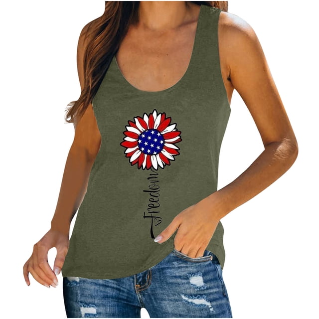Camiseta informal sin mangas con estampado de bandera americana para mujer Pompotops lopia993221
