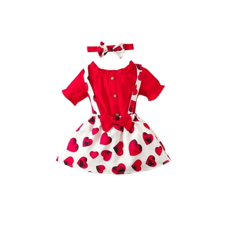 

Toddler Baby Girl Valentine s Day Clothes Off Shoulder Crop Top Heart Suspender Skirts Set 3Pcs Summer Outfits