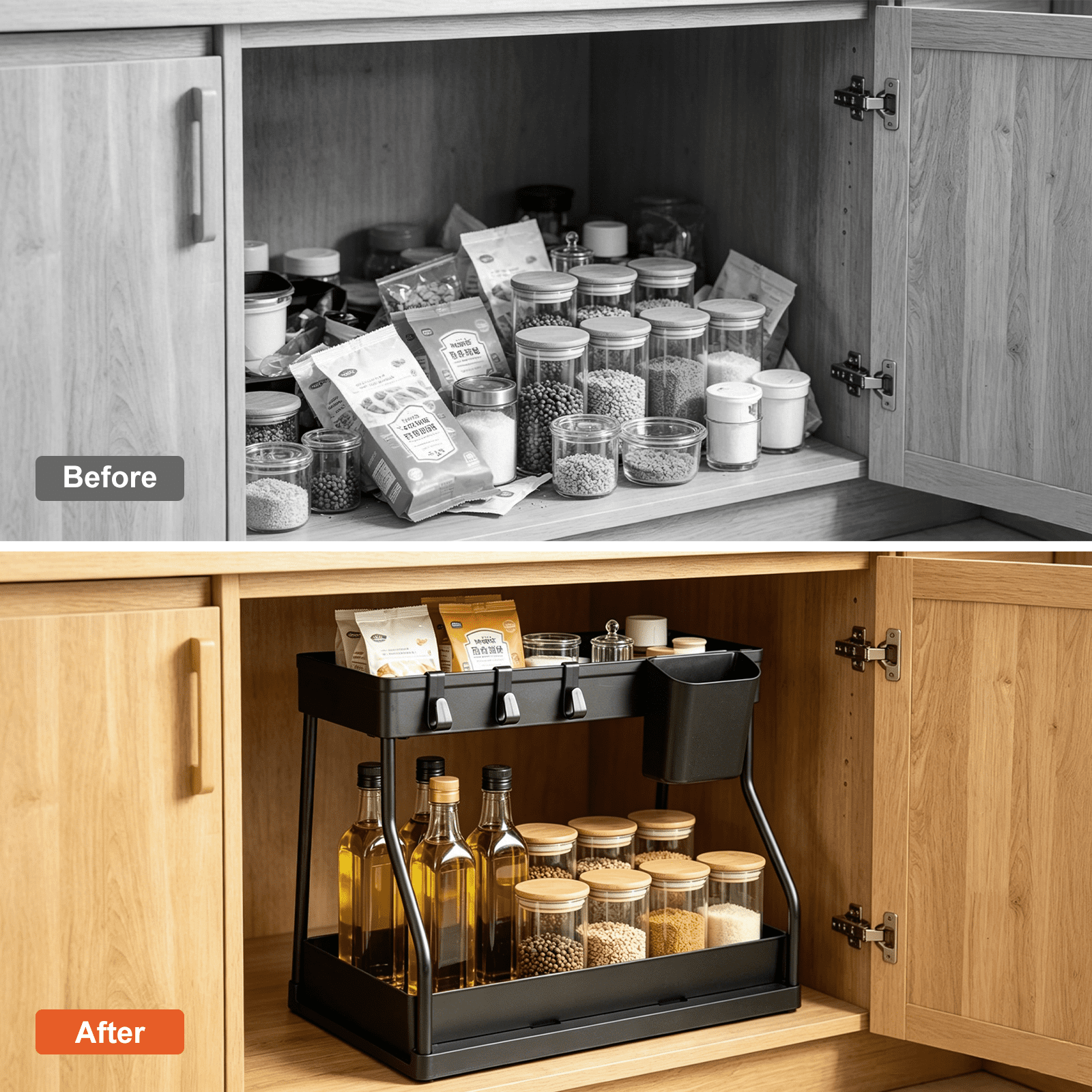 2 Pack Under Sink Organizer, 2 Tier L-Shaped Pull Out Cabinet Organizer for Kitchen and Bathroom, Space Saving Sliding Drawer Storage Rack, Durable Plastic Narrow Space Shelves, Black