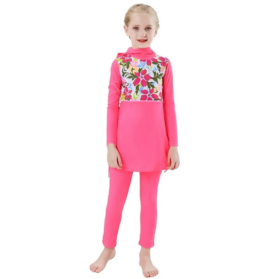 IBTOM CASTLE Kids Girls Muslim Swimsuit Long Sleeve Butterfly Flower Printed Islamic Swimwear Burkini Full Cover Cap Top Pants 3PCS Modest Bathing Suit 9-10 Years Hot Pink