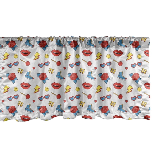 Ambesonne Emoji Window Valance, Hipster Pop Art Theme 90s Fashion Comic Book Lollipop Shoes Lips Roses, Curtain Valance for Kitchen Bedroom Decor with Rod Pocket, 54" X 18", Yellow Red Blue