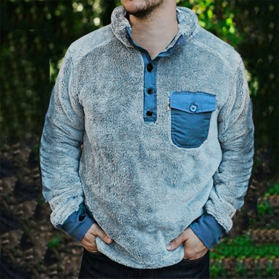 jsaierl Mens Fleece Sweatshirt Sherpa Button Up Henley Top Long Sleeve Cozy Warm Pullover Comfy Sweater