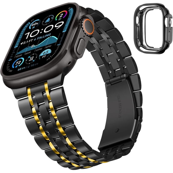 SHILIU-Band Compatible with Apple Watch Ultra 3 Band 49mm, Men Women Strap Solid Stainless Steel Metal Bracelet Compatible with Apple Watch Ultra 2/1 49mm, Black-Gold