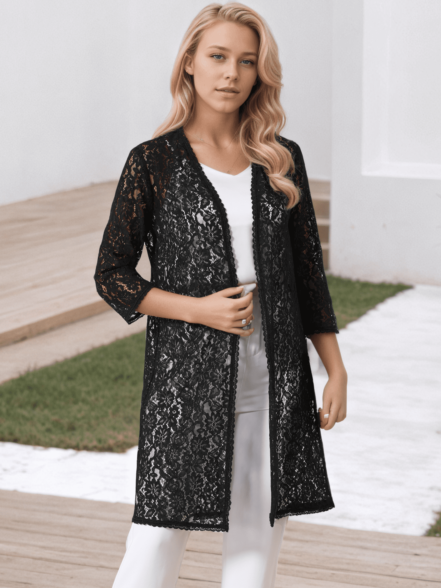 DARING DIVA Lace 3/4 Sleeve Crochet Open Front Long Cardigans S Black