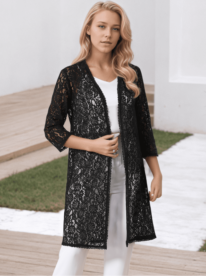 DARING DIVA Lace 3/4 Sleeve Crochet Open Front Long Cardigans L
