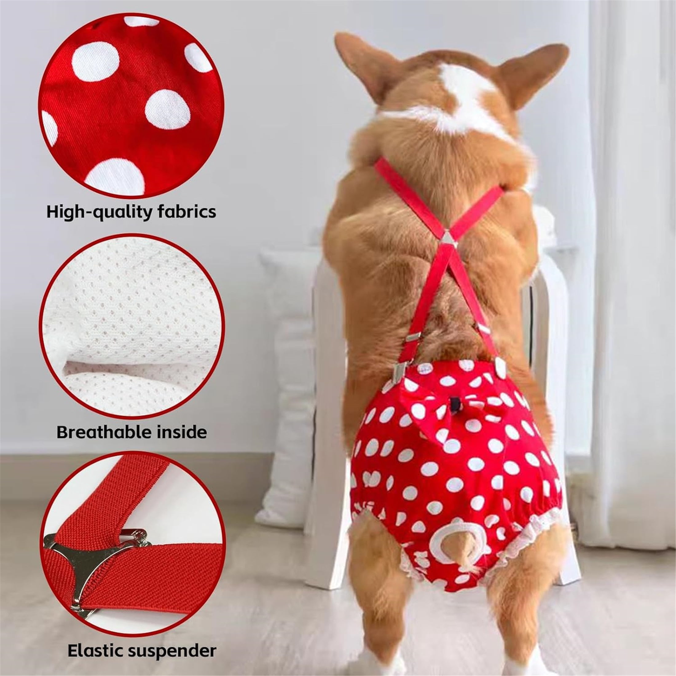 UOSIA Dog Diapers Female Dog Sanitary Panties with Adjustable Suspender Cute Wave Point,XS,Red Wave Point