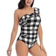 thumbnail image 5 of Balery Black Tartan Plaid One Shoulder Swimsuits for Women Ruffle Swimsuits Tummy Control One Shoulder Bathing Suits-Small, 5 of 8
