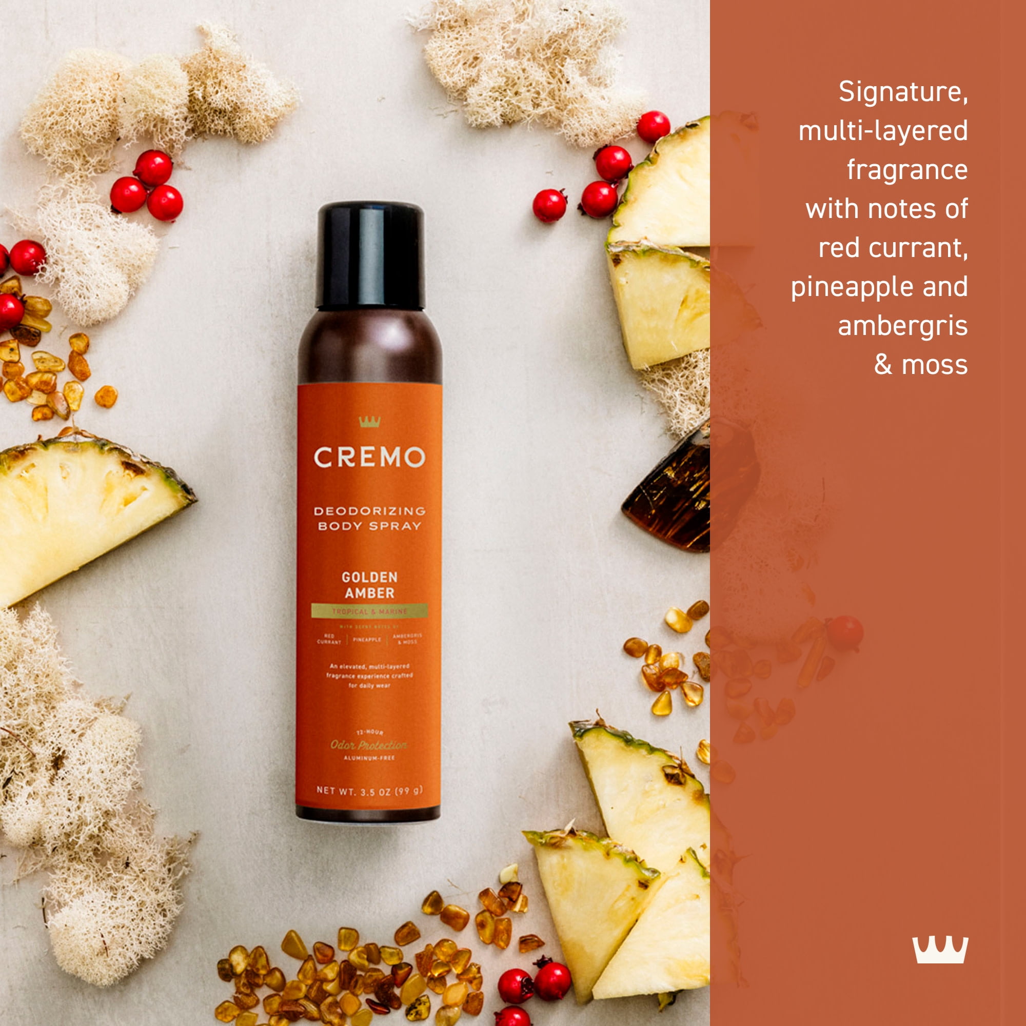 Cremo Body Spray Deodorant for Men, Golden Amber Scent, 3.5 oz