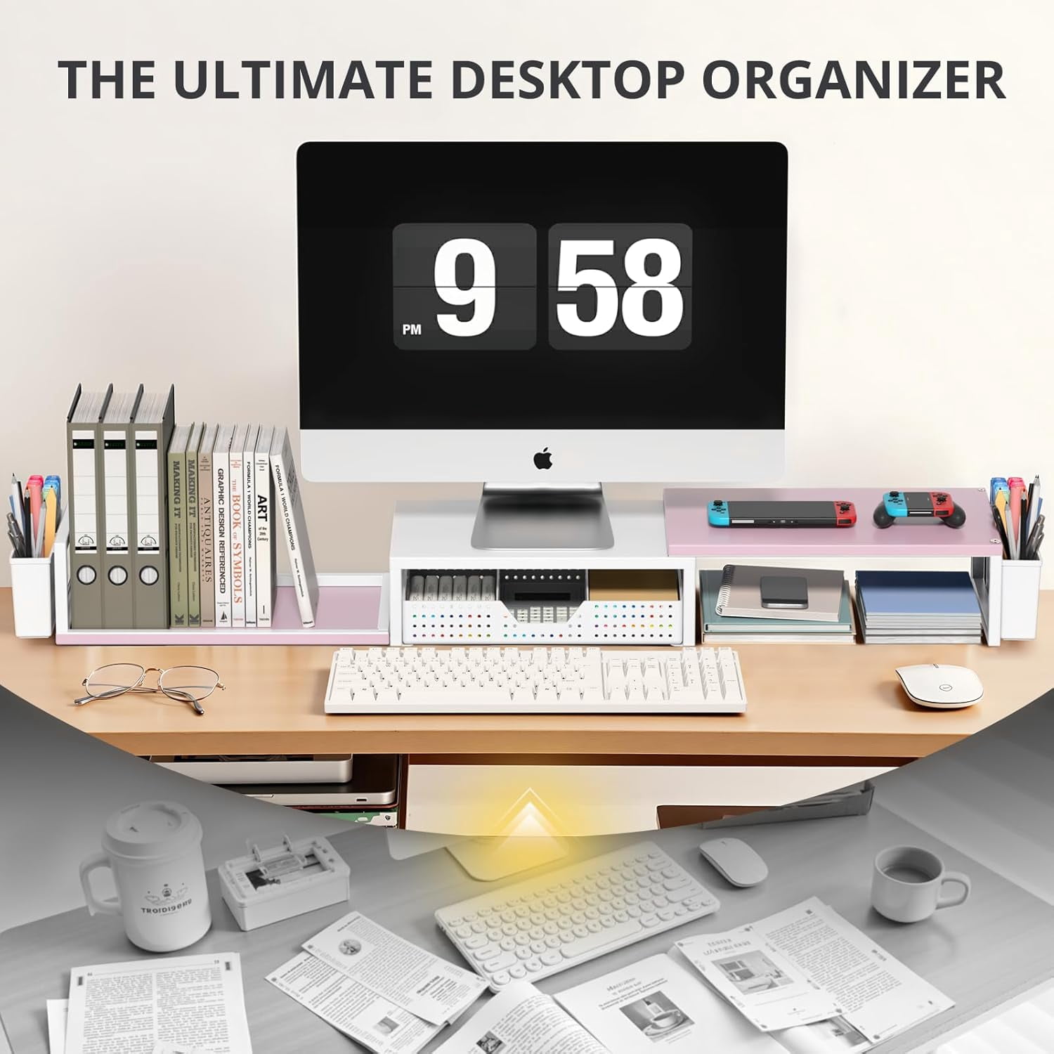 Desk Organizers and Accessories, Dual Monitor Stand Riser with Drawer and 2 Pen Holders, Desk Shelf Wood Computer Racks for Office Workspace Organizers, Desktop Organization (Pink-White Wood)