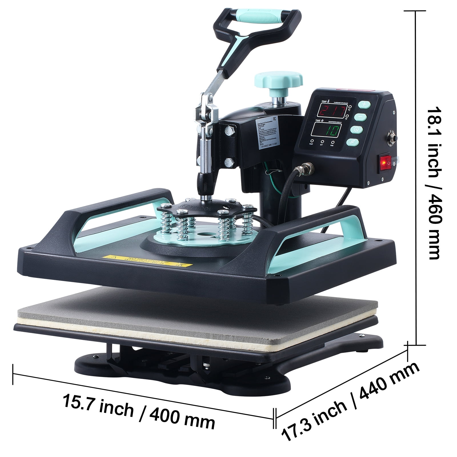 KFFKFF Heat Press, 12x15 inch, 8-in-1 Transfer Device with 30 oz Cup Press, Swivels 360°, Digital Control for T-Shirts/Mugs/Caps/Dishes, Teflon-Coated, Black and Green