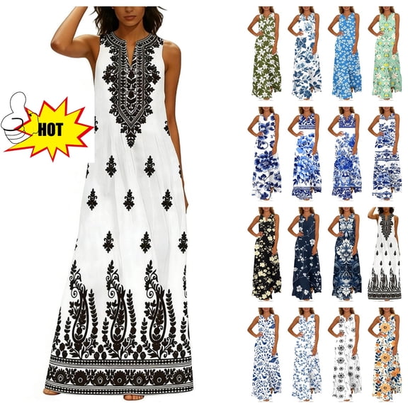 DISKEBUISS Summer Dresses for Women Fashion Print Sleeveless V-Neck A-Line Maxi Dress Dressy Party & Vacation