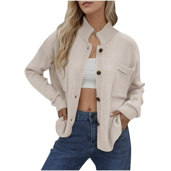miqiqism Womens Jacket Casual Long Sleeve Solid Color Cardigans Teen Girls Comfy Button Down Open Front Shirts Juniors Dressy Blouses Tops with Pockets,Beige,X-Large