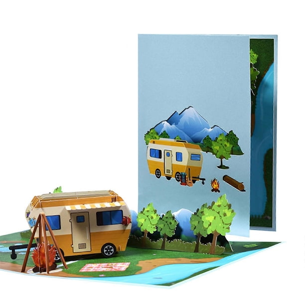 Camping Pop-Up Card 3D RV Camping Card with Envelope Fathers Day Birthday Card for Husband Son Father Greeting Card