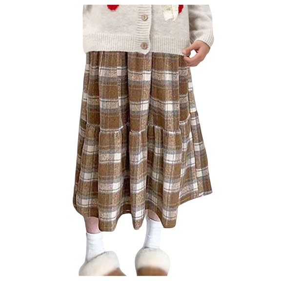 ASEIDFNSA Girls Plaid Skirt with Elastic High Waist Button Front Tiered Hem and A Line Fit (Brown,5-6 Years)