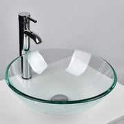 FULLWATT Tempered Glass Container Sink Vanity Bowl Chrome Faucet Pop Up Drain Clear