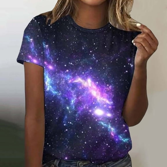 HLKJKLS T Shirts For Women Starry Galaxy Glitter Print Crew Neck Short Sleeve Carnival Casual Graphic Top Black S-3Xl