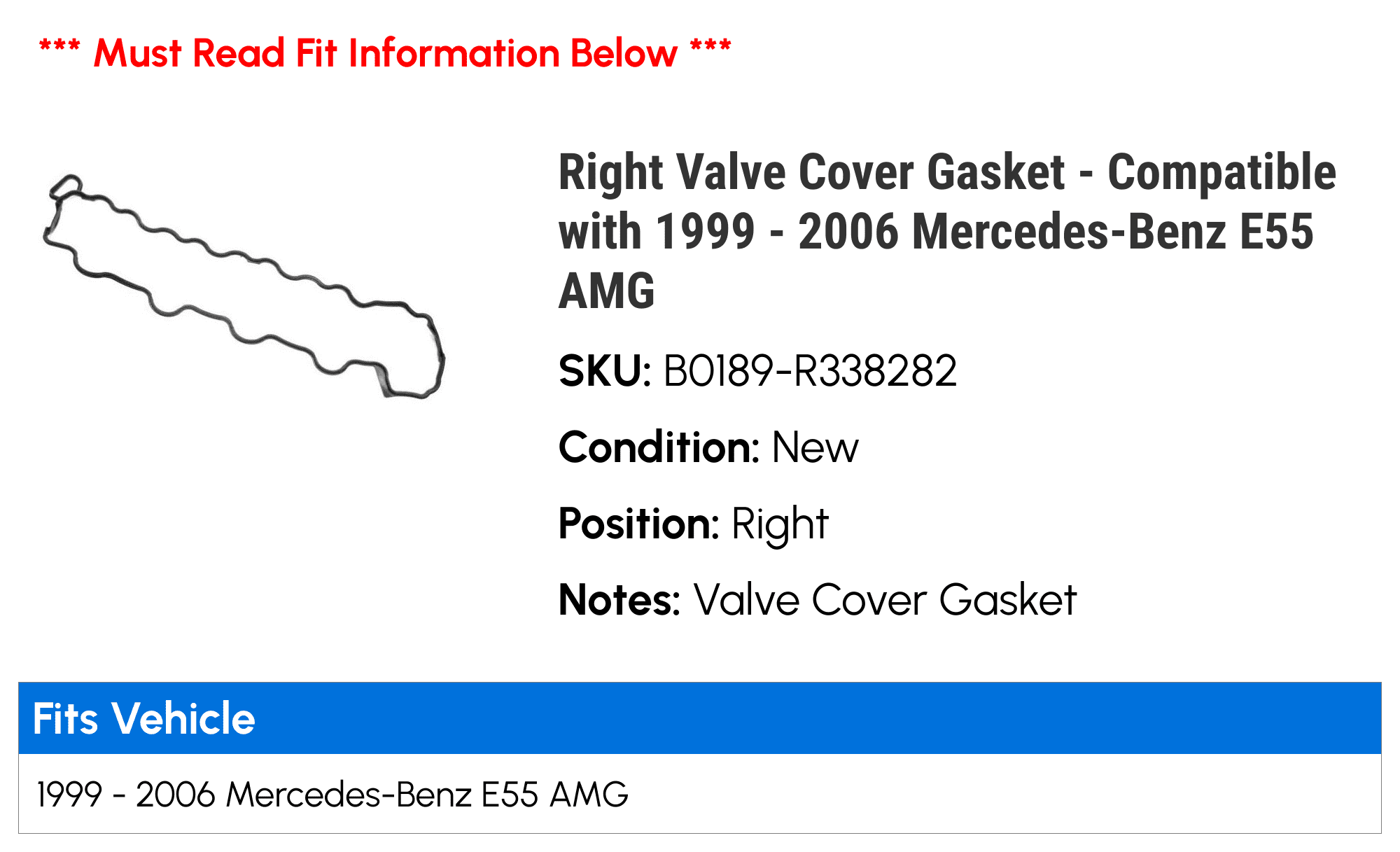 Right Valve Cover Gasket - Compatible with 1999 - 2006 Mercedes-Benz E55 AMG 2000 2001 2002 2003 2004 2005