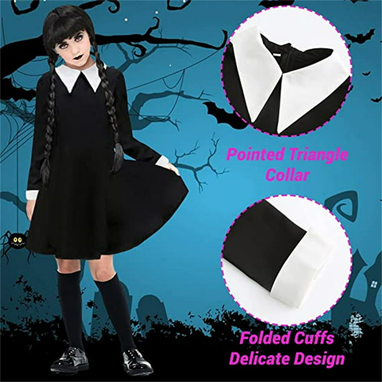 Wednesday Addams Costume Girls Peter Pan Collar Dress Short Sleeve  Halloween Outfit