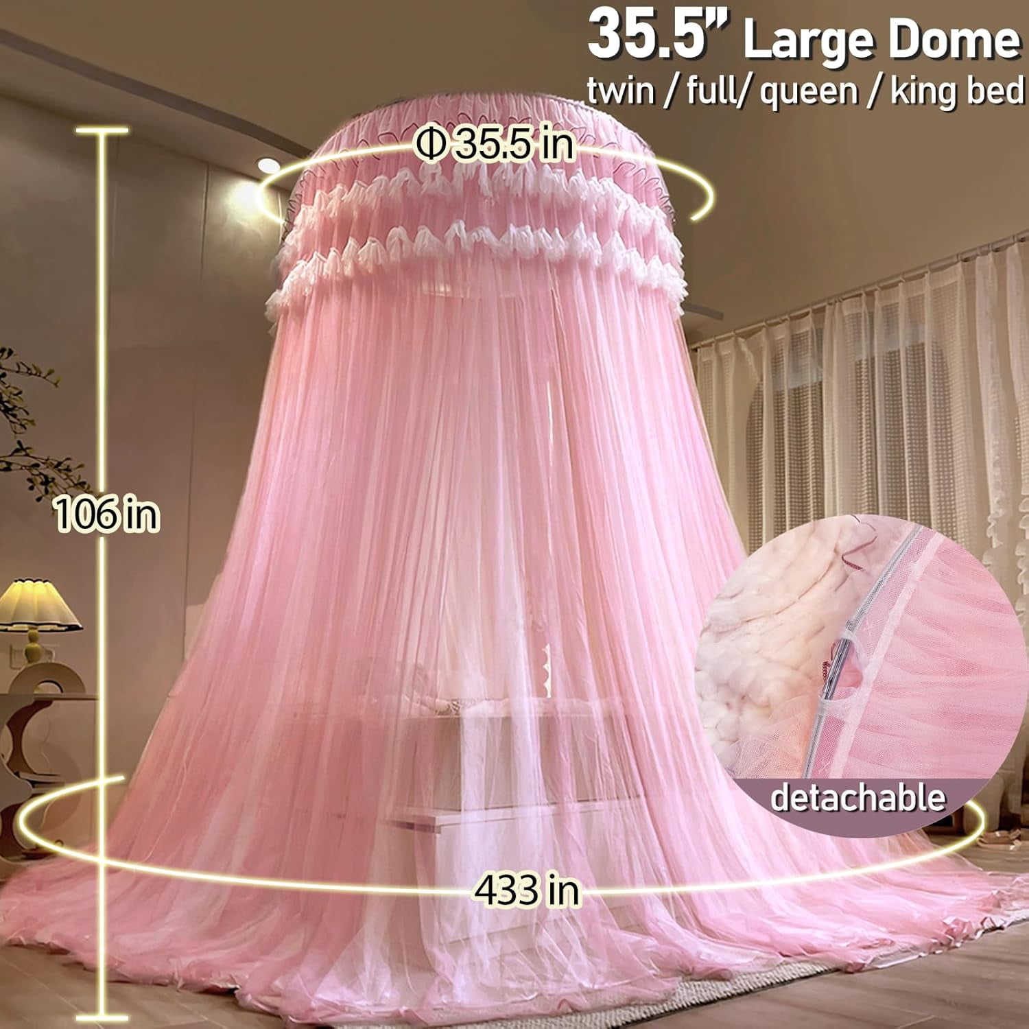 Mosquito Net Bed Canopy for Girls, Princess Canopy Bed Curtain Fine Sheer Mesh Dome Bed Canopies, Kids & Adults Lace Tent for Twin Full Queen King Bed (Pink)