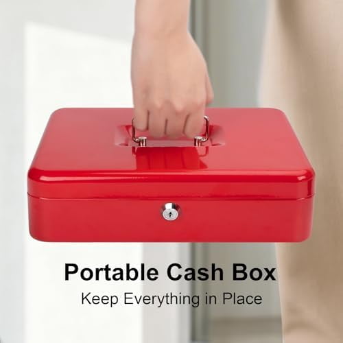 Cash Box with Money Tray and Lock -Red Cash Box with Key Lock Safe Money Box Large, Locking Cash Register Drawer Box for Money, 11.8'' x 9.5'' x 3.5'', SM-CB005RED