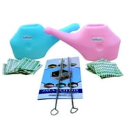 Travel-Friendly Neti Pot Set of 2 for Nasal Cleansing with 5 Sachets Salt + 2 Brushes, Pink and Blue Color