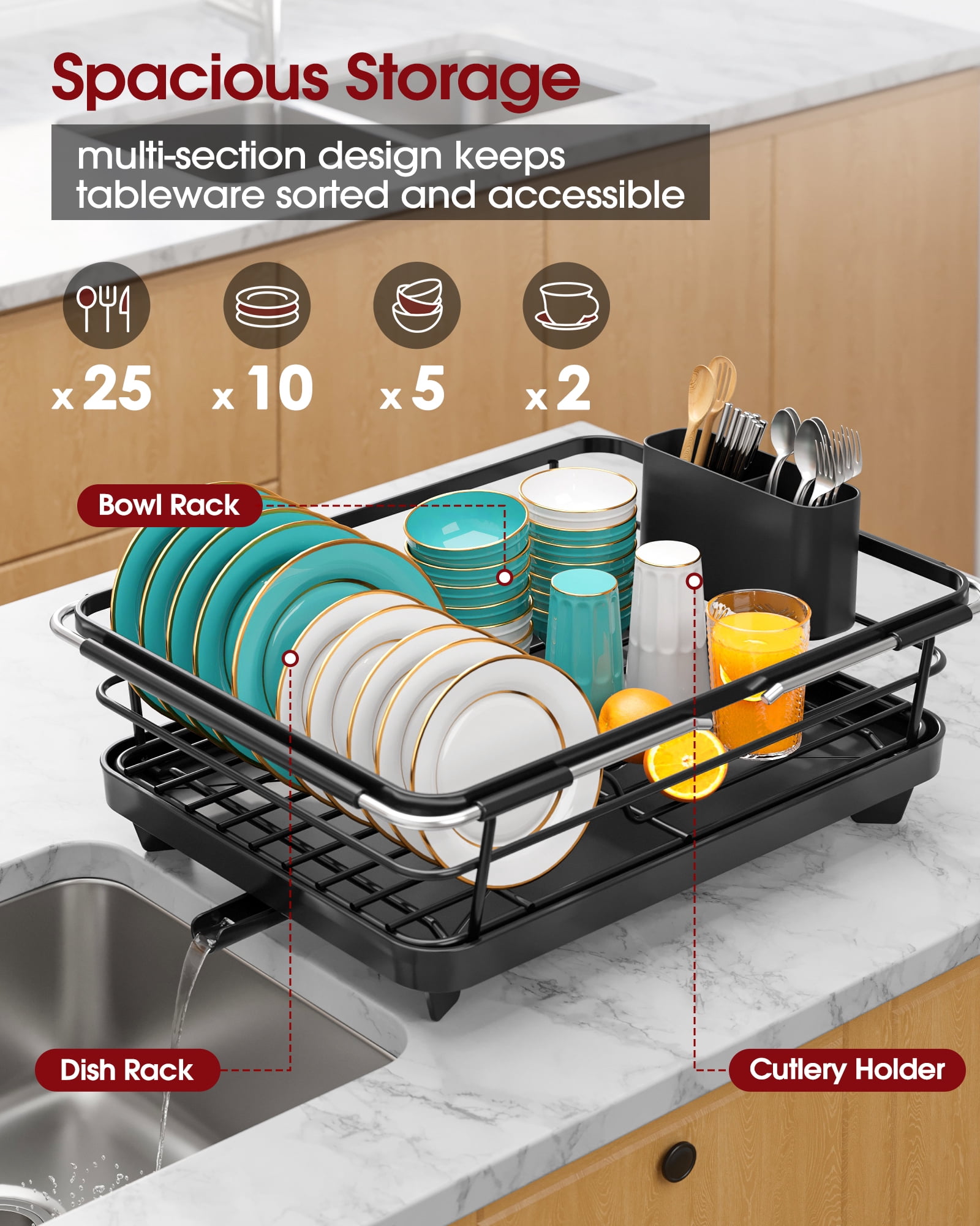 Sakugi Expandable Dish Drying Rack for Kitchen Counter, Stainless Steel Sink Organizer with Cutlery Holder, Space-Saving Dish Rack for Home and Apartment, 16" ~24"W x 12.6"D, Black