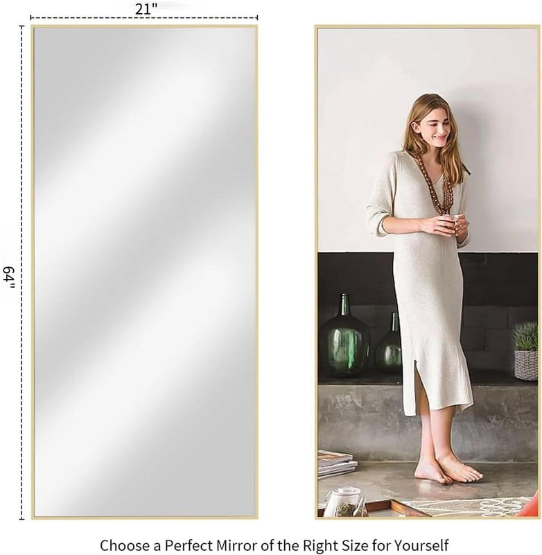 Gleamira 64"x 21" Rectangle Full Length Mirror Floor Mirror Free Standing Wall Mirror With Aluminum Alloy Frame, Gold