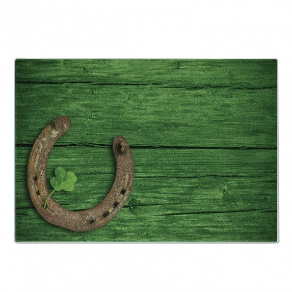 Clover Cutting Board, Luck Charms Rusty Horseshoe Little Shamrock on Wooden Backdrop, Decorative Tempered Glass Cutting and Serving Board, in 3 Sizes, by Ambesonne