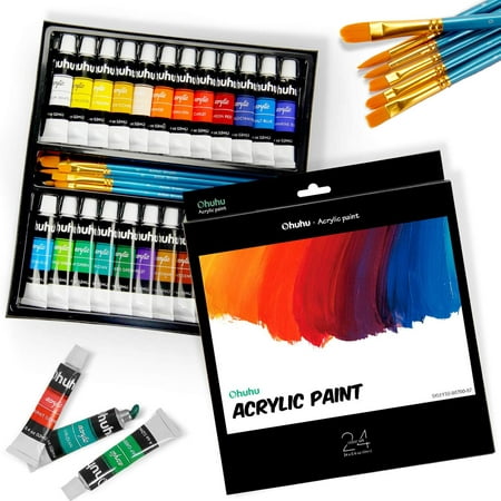 24 Colors Acrylic Paint Set with 6 Painting Brushes, Ohuhu Acrylic Painting Tubes, Artist's Acrylic Painting Kit for Stone, Canvas, Wood, Clay, Fabric, Nail Art, Ceramic, Crafts, 12ml x 24 (Best Paint For Wood Crafts)