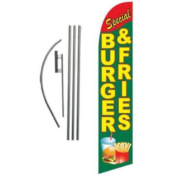 Burgers and Fries Restaurant Feather Banner Swooper Flag Set with 15 Foot Flag Pole Kit and Ground Stake
