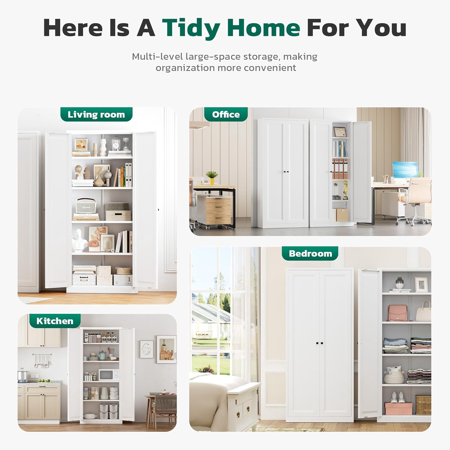 SOLAURA 63" H Modern Metal Kitchen Pantry Cabinet, Pantry Storage Cabinets with 4 Adjustable Shelves for Kitchen, Living Room, Bedroom, Dining Room, Home(White)