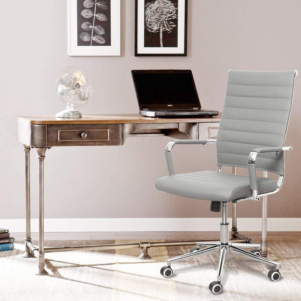 Okeysen Mid-Back Ribbed Home Office Desk Chair Upgraded Seat Ergonomic Leather Conference Room Swivel Chairs Adult, Gray