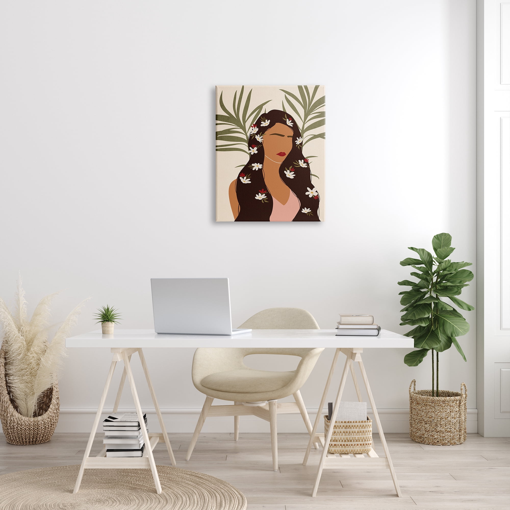 Design by JJ Design House LLC Female With Tropical Florals in Hair Palm Leaves 24 in x 30 in Painting Canvas Art Print, by Stupell Home Décor