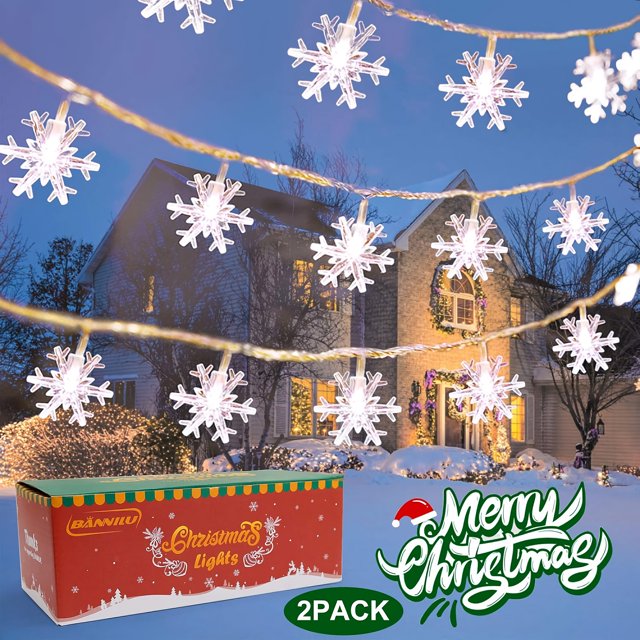 2-Pack Christmas Snowflake String Lights, 12M Battery Operated String Lights with 80 LED, Battery Operated for Home, Indoor, Outdoor