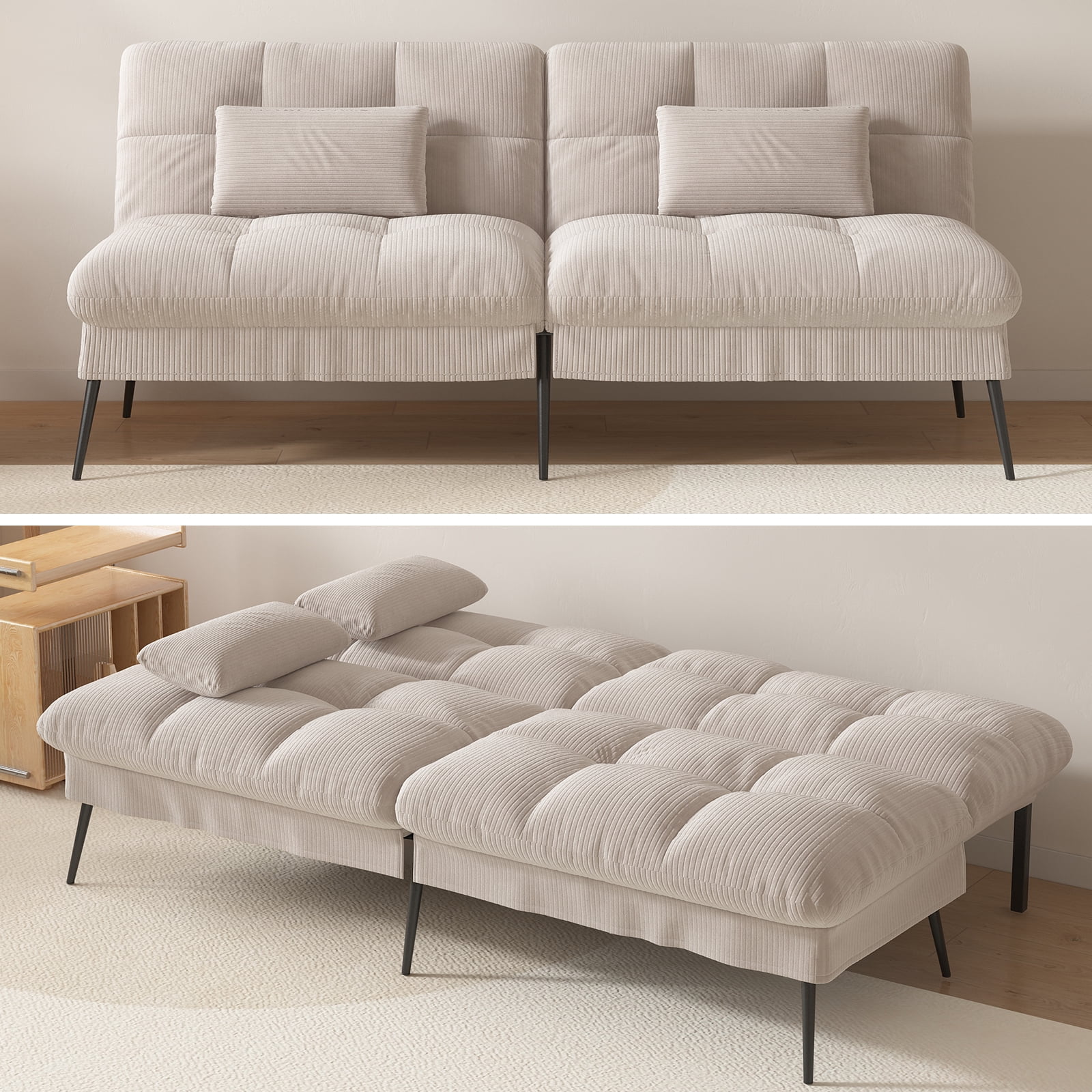 COMHOMA Convertible Futon Sofa Bed Upholstered Futon Couch Corduroy Sleeper Sofa,Cream White
