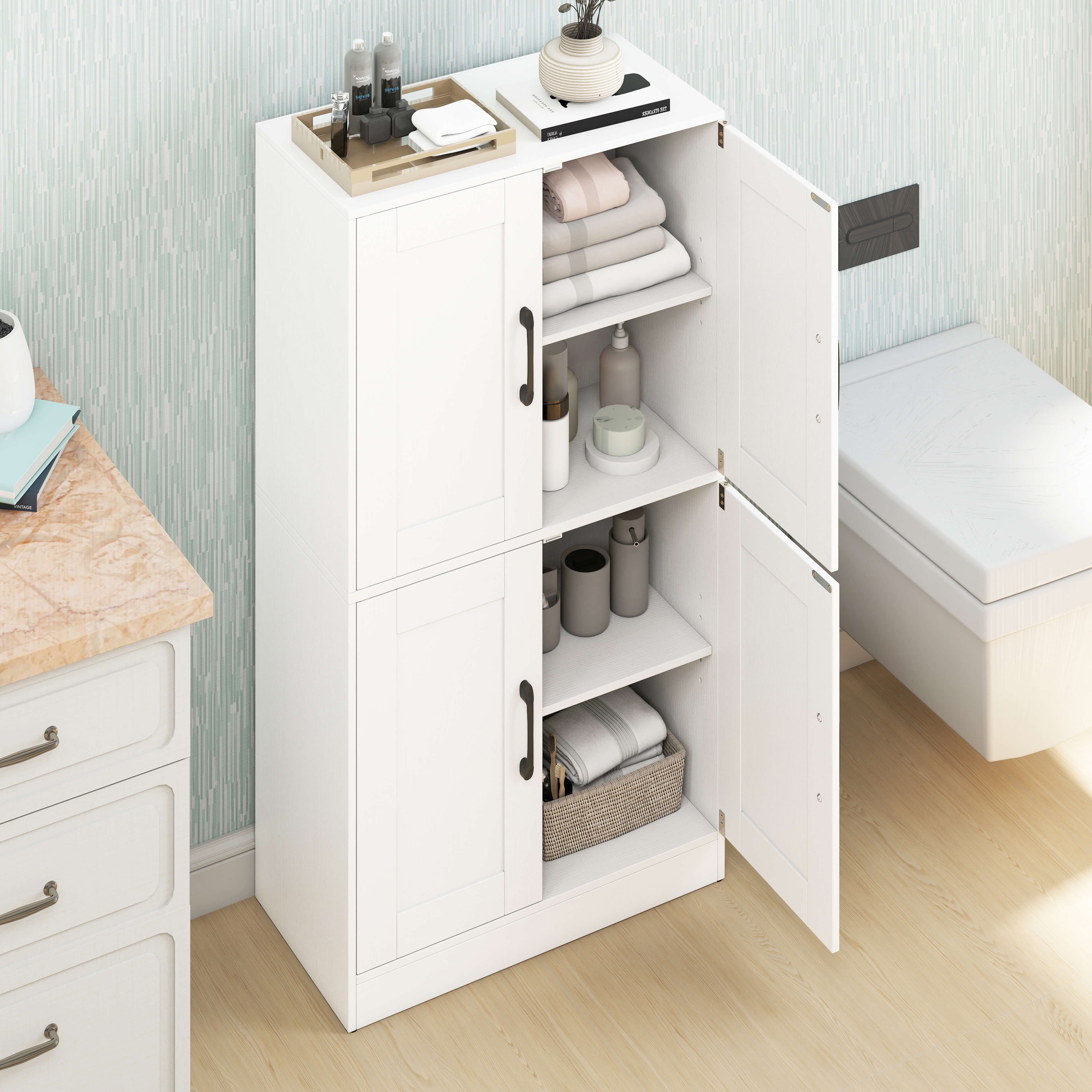 Costway Bathroom Cabinet with Doors & Adjustable Shelves Storage Organizer for Living Room White