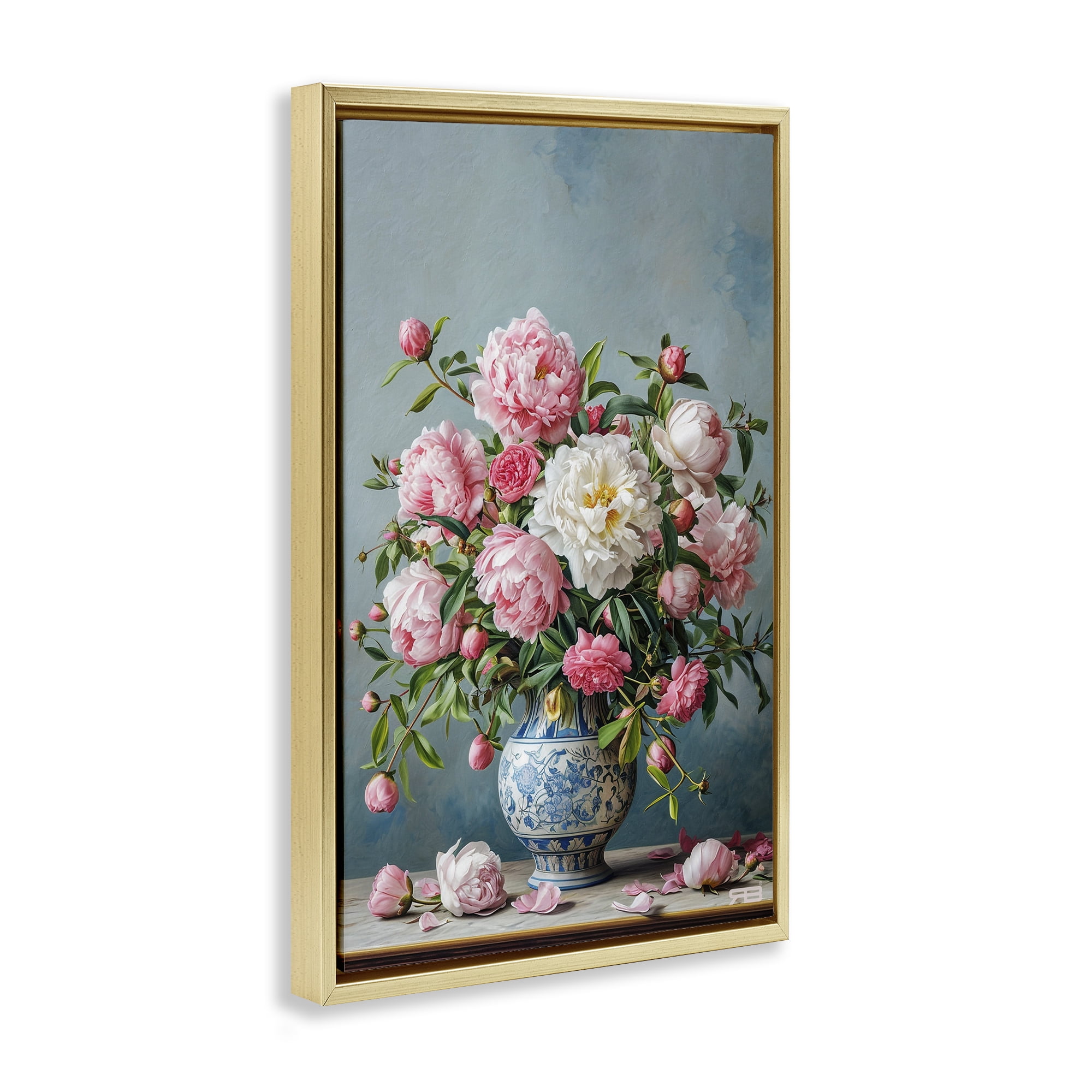 Stupell Industries Full Peonies Vase Botanical & Floral Painting Gold Floater Framed Art Print Wall Art, 21 x 31