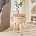 thumbnail image 2 of Tcbosik Small Round Ottoman with Storage, Upholstered Vanity Stool with Flip-Top Tray and Wood Legs, Linen Fabric Footrest for Bedroom, Entryway, Living Room, Beige, 2 of 8