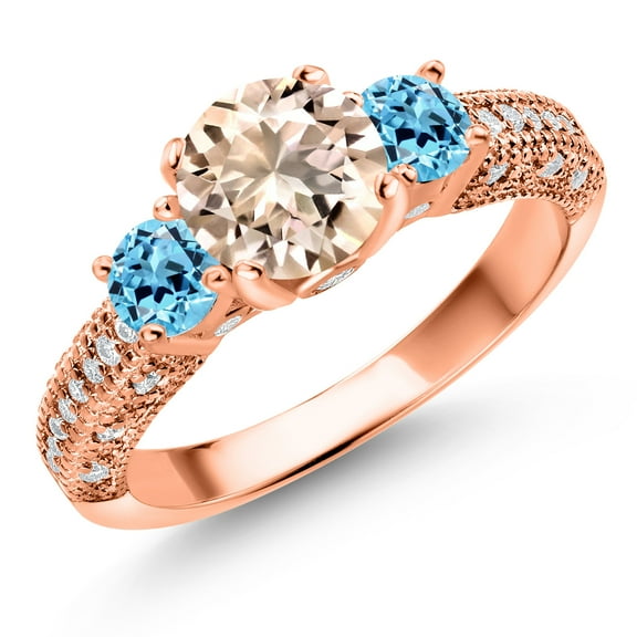 Gem Stone King 18K Rose Gold Plated Silver Peach Morganite Swiss Blue Topaz and White Moissanite Engagement Ring for Women (1.94 Cttw, Gemstone October Birthstone, Round 7MM and 4MM, Size 7)