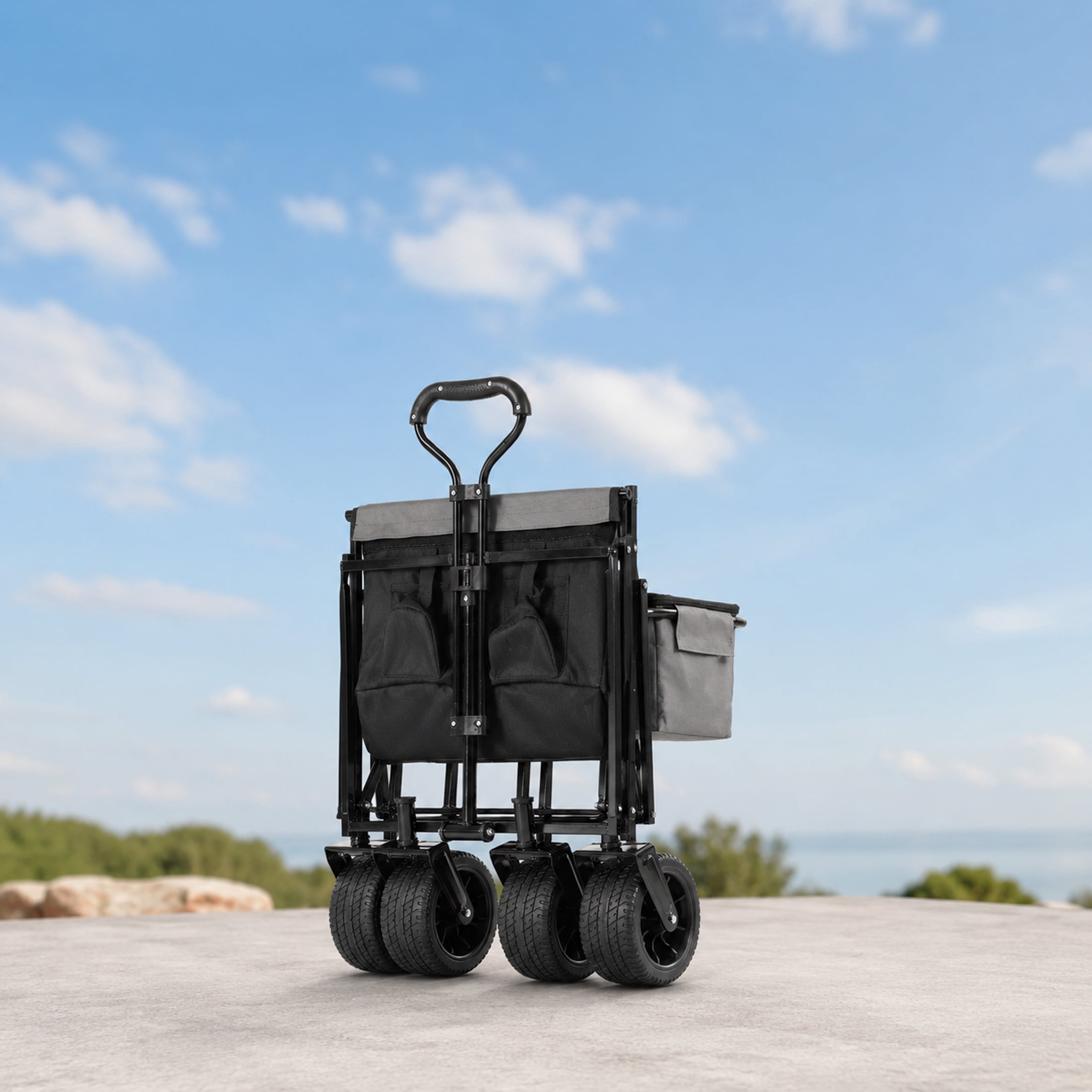 Heavy Duty Folding Wagon with Canopy, 480 lbs Collapsible Wagon Stroller with Mosquito Net, 7"x4" All-Terrain Wheels for Camping, Garden, Black