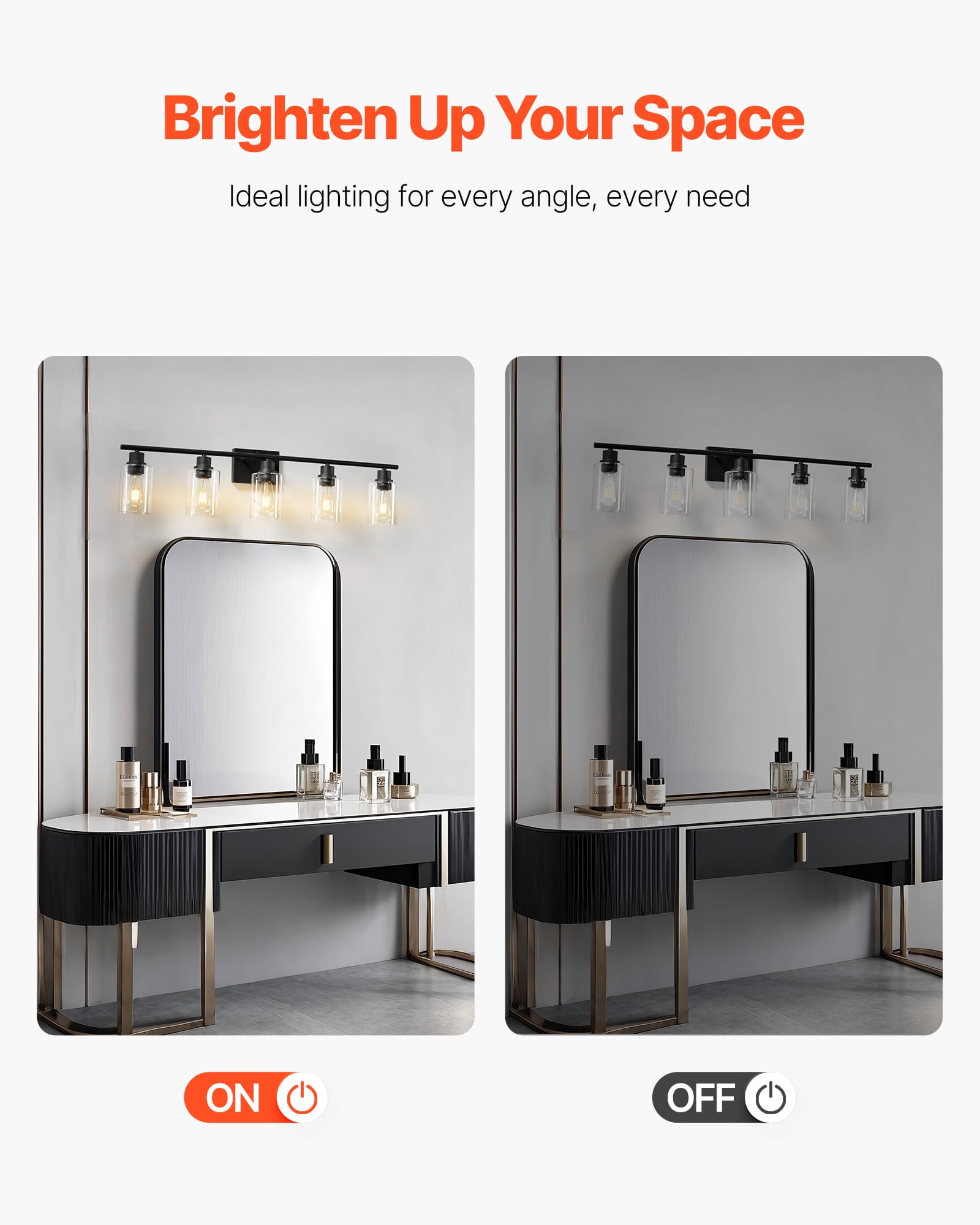 VEVOR 5-Light Bathroom Vanity Lights, 37.1-Inch, Modern Light Fixtures Above Mirror with Clear Glass Shade, 60W, Wall Lighting for Bathroom, Living Room, Bedroom, Hallway, E26 Base