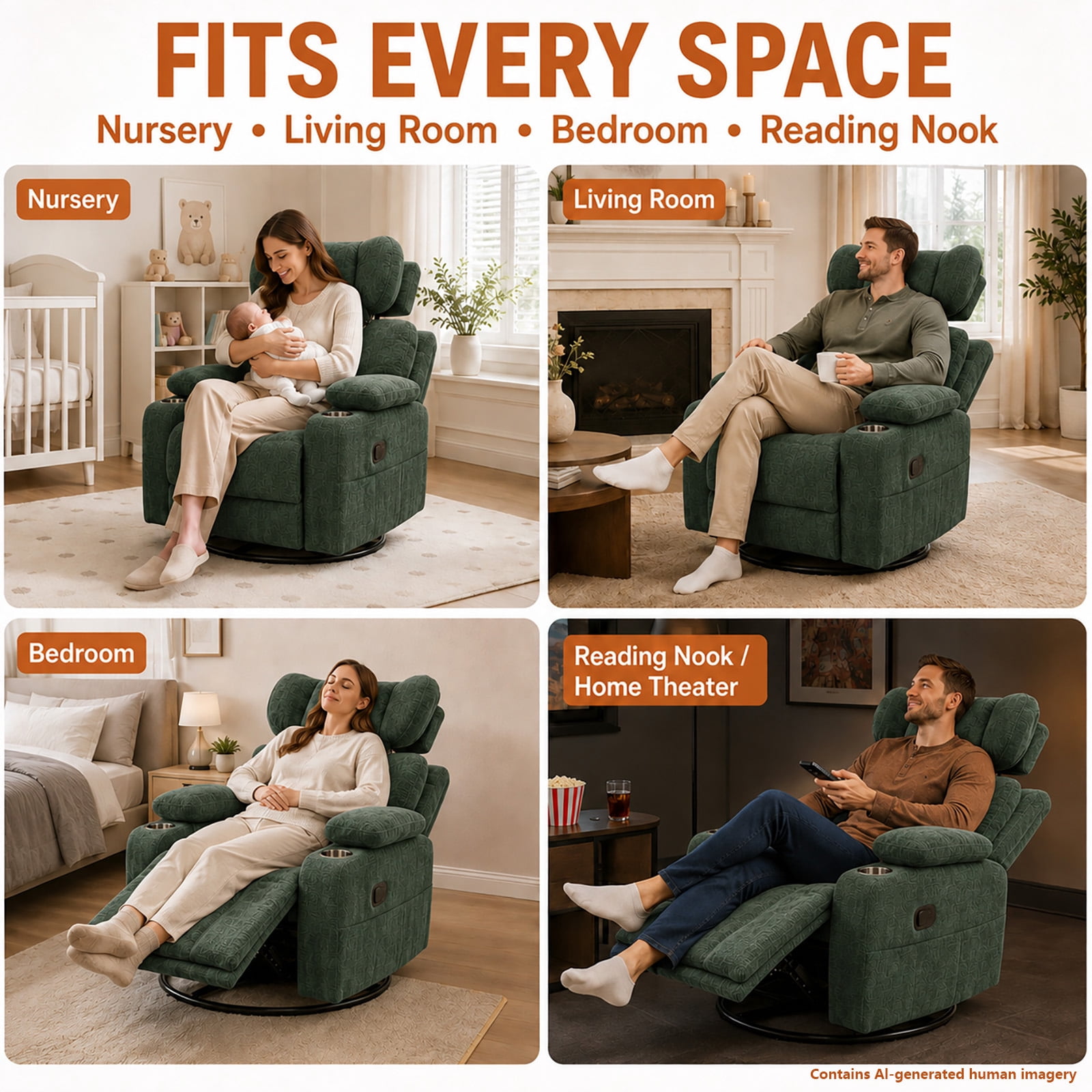 Leumius 360° Swivel Recliner Chair, Single Recliner with Adjustable Detachable Neck Pillow Ergonomic and Cup Holders, 300lbs Capacity Versatile Lounge Chair for Living Room Bedroom Home Theater