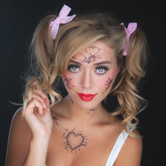 TattooCrew Broken Doll — Halloween Face Temporary Tattoo | 2 Complete Looks | Dermatest Certified
