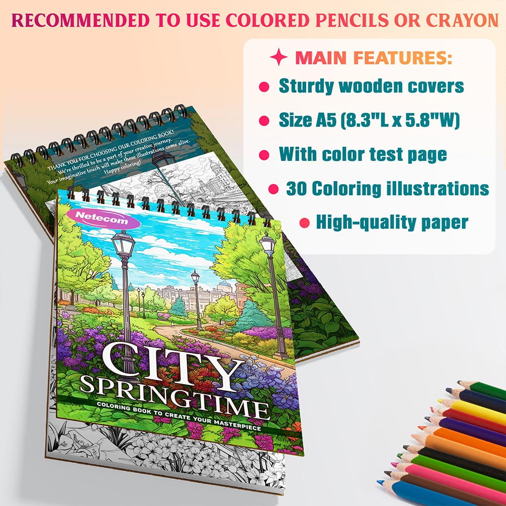 Netecom City Springtime Coloring Book Spiral Bound For Adults, A5 Wooden Cover, 30 Charming Coloring Pages of City Parks and Lively Spring Vibes for Stress Relief and Relaxation