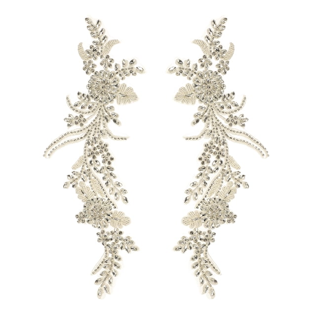 Uxcell 2 Pcs Aplique de Strass Blanco, Parches de Tela de Cristal de 13 x 4 Pulgadas, Apliques de Bordado de Encaje para Ropa de Noche de Boda