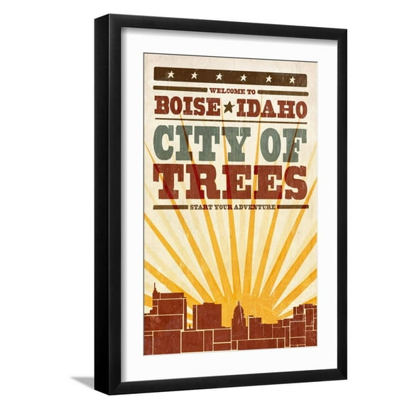 Art.com Boise, Idaho - Skyline and Sunburst Screenprint Style Art Print by Lantern Press, Black Frame Wall Art, 17" x 23"