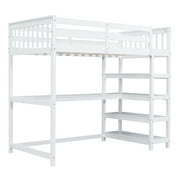 Euroco Wood Twin Loft Bed with Desk and Shelves, White